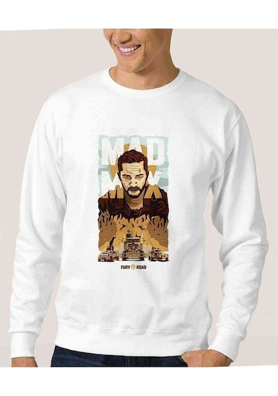 Mad Max Baskılı Beyaz Erkek Örme Sweatshirt