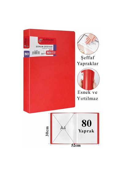 Kırmızı Sunum Dosyası 80 Li 1 Adet Poşet Dosyalı Katalog Dosyası 80 Poşetli Kendinden Dosya Plastik Kapaklı