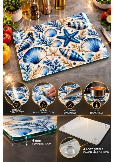 Gökçeoğlu Cam Kesme Tahtası Mavi Deniz Kabukları Temalı - Cam Kesme Tablası 20cm X 30cm Çok Renkli