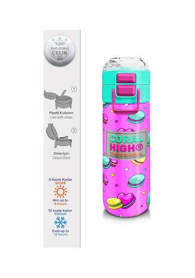 Coral High Kids Açık Pembe Su Yeşili Makaron Desenli Pipetli Ve Direkt İçim Çelik Termos 500 Ml 31912 Pembe - Açık Yeşil