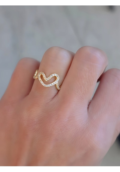 Ayarlanabilir Dalgalı Wavy Kalp Model Zirkon Taşlı Gold Renk Çelik Yüzük Altın