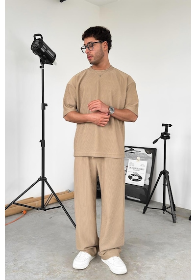 Bej Fitilli Baggy Pantolon Bej
