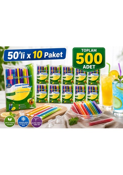 Jelatinli Körüklü Frozen Renkli Pipet 500 Adet Tek Tek Paketli Karışık Renk