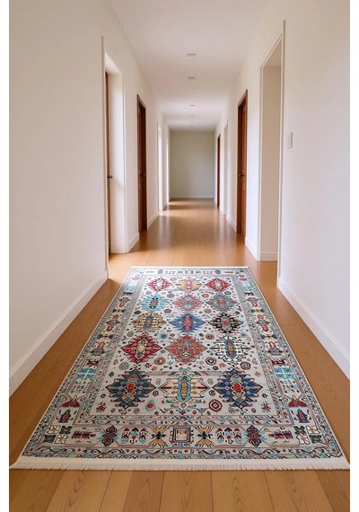 Blghome Renkli Etnik Desen Modern Halı Dekoratif Kilim Gri - Renkli