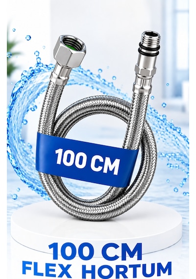 100 Cm Paslanmaz Çelik Flex Hortum 3/8' X 3/8' Esnek Batarya Musluk Bağlantı Hortumu