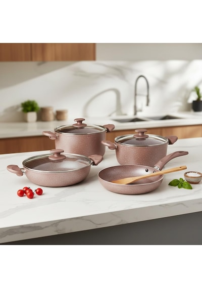 Argos 7 Parça Tencere Ve Tava Seti - Pembe Kırçıl Renkli Yanmaz Yapışmaz Çeyiz Paketi Cam Kapaklı 20/24/26 Cm T Diğer