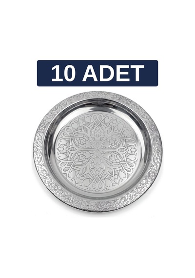 Binbir Trend 18 Cm İşlemeli Kenarlı Otantik Desenli Krom Çelik Meze Ve Servis Tabağı 10 Adet