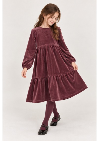 Moda Gül Kurusu - Kız Çocuk Modest Pamuk Kadife Midi Elbise Bordo Bordo