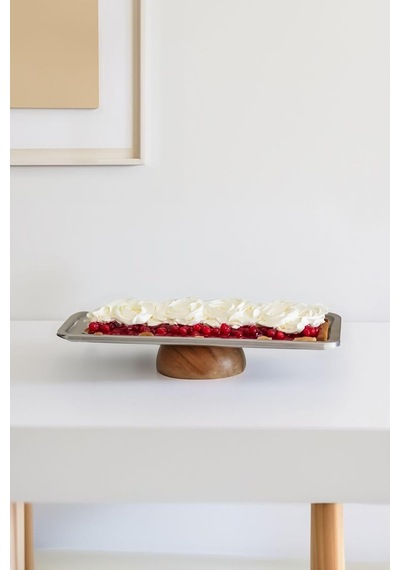 Ahşap Ayaklı Metal Servis Tabağı - 33 Cm Çok Renkli