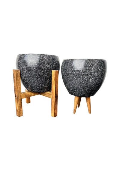 Bitki Tasarımı Ev Dekorasyon Siyah Granit Toprak Saksı Saksılık Salon Çiçeklik İkili Set 3 Ayaklı- 4 Ayaklı- 15 CM