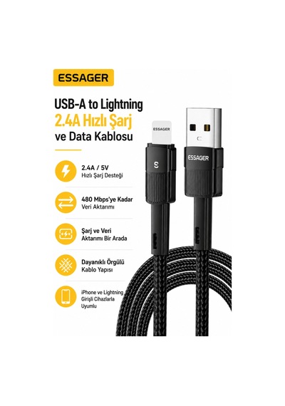 Essager 3 Metre Usb-a Lightning Hızlı Şarj Kablosu 2.4a 480 Mbps Veri Aktarımlı Örgülü Kısa Şarj Kablo Desen - Ben10