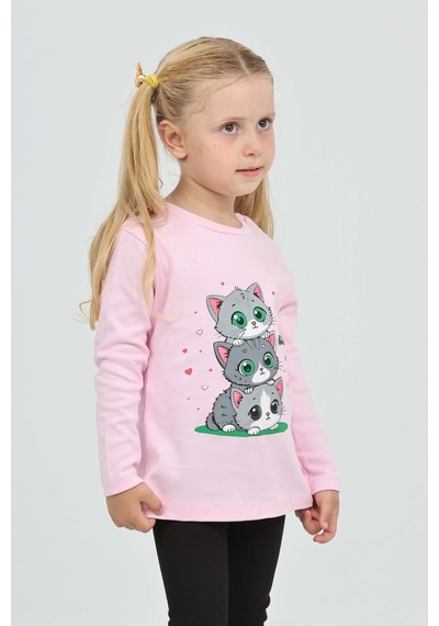 Toontoy Kız Çocuk Üçlü Kedi Baskılı Sweatshirt Pembe