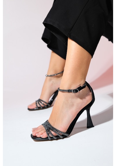 Luvishoes Monica Siyah Rugan Taşlı Kadın İnce Topuklu Abiye Ayakkabı Siyah