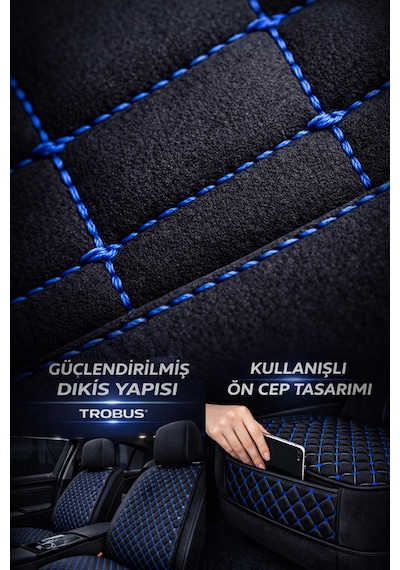 Tegin Üniversal Uyumlu Kumaş Koltuk Minderi Kapitone Desen Terletmez Yedili Set Siyah Mavi
