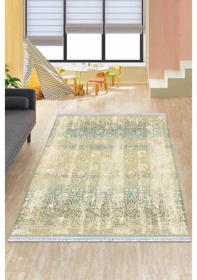 Yeşil Vintage Dokuma Pamuk Tabanlı Kaymaz Kilim Klm137n11