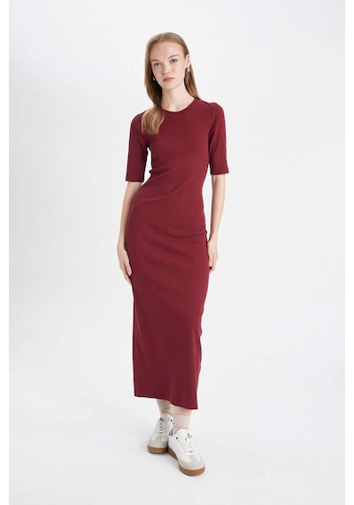 DeFacto 	Bodycon Vücuda Oturan Bisiklet Yaka Basic Düz Fitilli Kaşkorse Kısa Kollu Maxi Bordo Elbise D8623AX24AUBR248