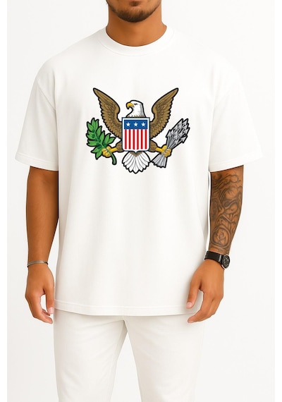 Bahriyeli Collection Oversize American Bald Eagle Göğüs Tasarımlı Unisex T-shirt Beyaz