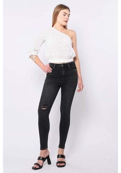 Kadın Antrasit Dizi Yırtık Süper Skinny Fit Jean Pantolon 001