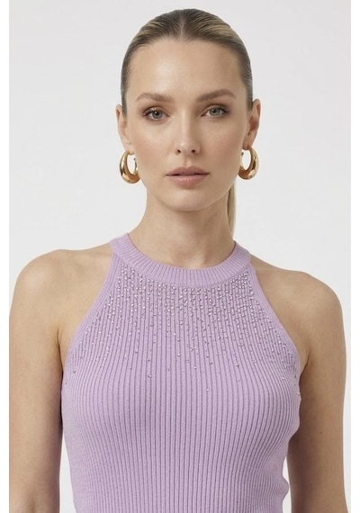 Neden Tekstil Kadın Taşlı Fitilli Halter Yaka Crop Bluz - Lila
