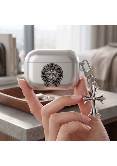 Caseonn Apple Uyumlu Airpods Pro 3 Kılıf Chrome Hearts Metalik Görünümlü Gotik Haç Figürlü Gümüş