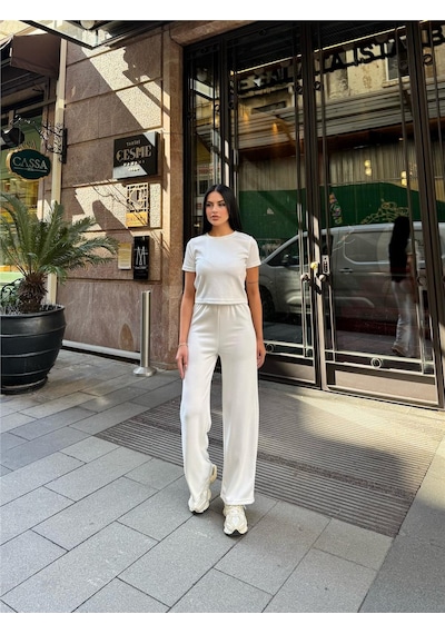 WeShaya Beyaz Palazzo Modal Polyester Keten Takım Beyaz