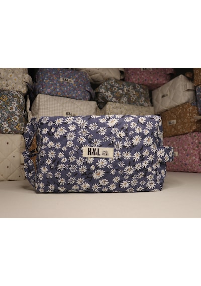 Kapitone Dikişli Denim Papatyalı Makyaj Çantası / Organizer - %100 Pamuk Kumaş Denim - Papatyalı