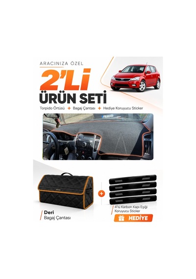 Kia Ceed 2006-2012 Uyumlu Torpido Örtüsü + Deri Bagaj Çantası + Sticker Seti - Siyah Kahverengi