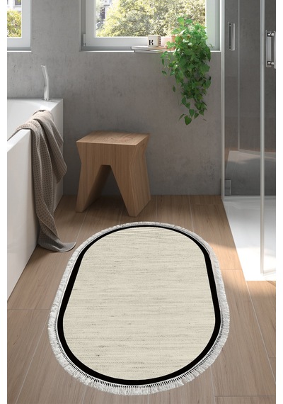 Dekoreko Kaymaz Taban Djt Banyo Mutfak Salon Halı Trend Saçaklı Oval Dokuma Desen E5001 Bej Gri