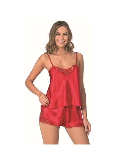 Primoda Kırmızı Saten Kumaş Askılı Babydoll Şort Takımı Kırmızı