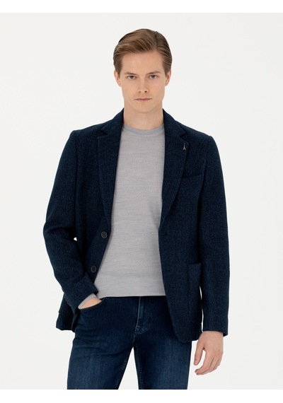 Cacharel Lacivert Slim Fit Yün Karışımlı Flanel Ceket