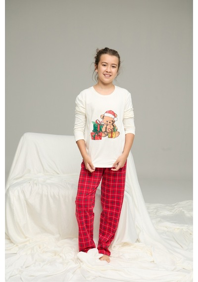 Siyah İnci Pamuklu Bisiklet Yaka Örme Pijama Takım 25241126 Ekru