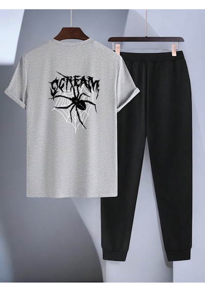 Uyguntarz Unisex Siyah Tasarım Basklı Tshirt Eşofman Takımı Gri