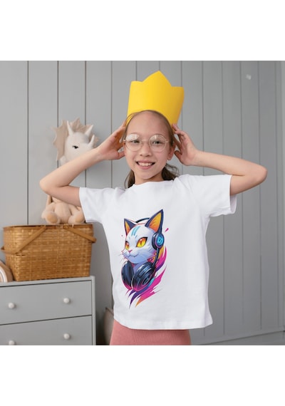 Alpşan Ticaret Kedi Baskılı Tişört Yetişkin Beyaz T-shirt Cat Unisex Çocuk Tişört Beyaz