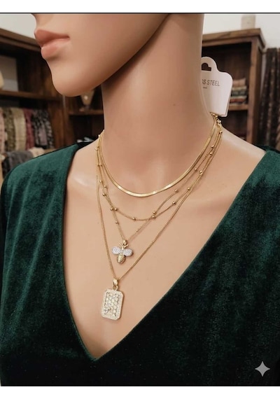 316l Paslanmaz Çelik Gold Arı Kolye - Kararmaz Üçlü Kombin Kolye Seti Altın