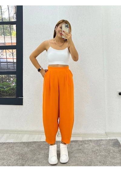 Defymoda Kadın Yüksek Bel Hürrem Pantolon Turuncu