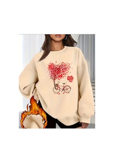 Herkesemoda Bisiklet Kalpler Baskı Detaylı Bisiklet Yaka Sweatshirt Bej
