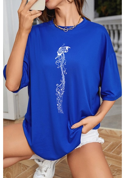Unisex Butterfly Song Baskılı T-shirt Mavi