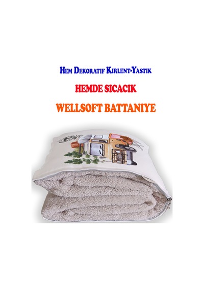 Camping Queen Baskılı Dekoratif Yastık Kırlent Opsiyonel Battaniye 2 İn 1 Çok Renkli