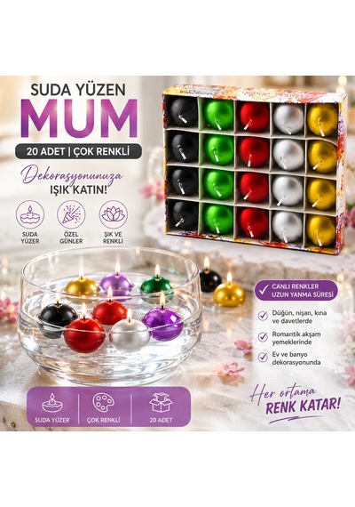 20pcs Suda Yüzen Mum Beyaz - Renkli 5639 .