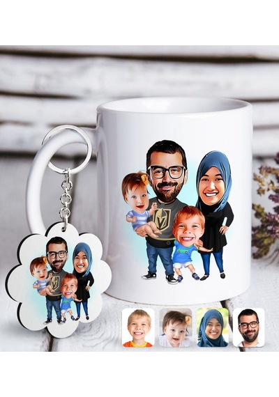 Kişiye Özel Tesettürlü Aile Karikatürlü Beyaz Kupa Ve Anahtarlık N11.835