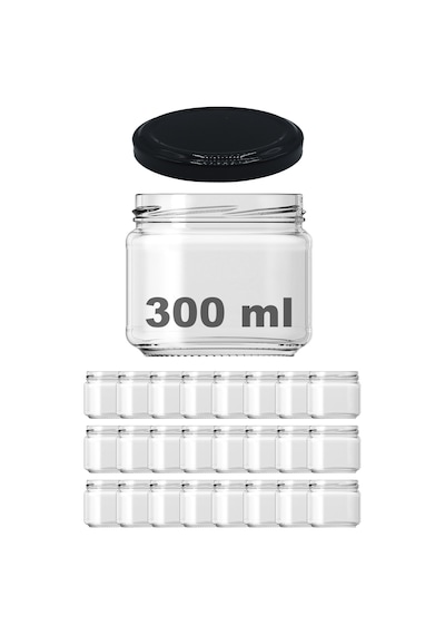 Afracam 300 ML Siyah Metal Kapaklı Şeffaf Cam Kavanoz 24 Adet