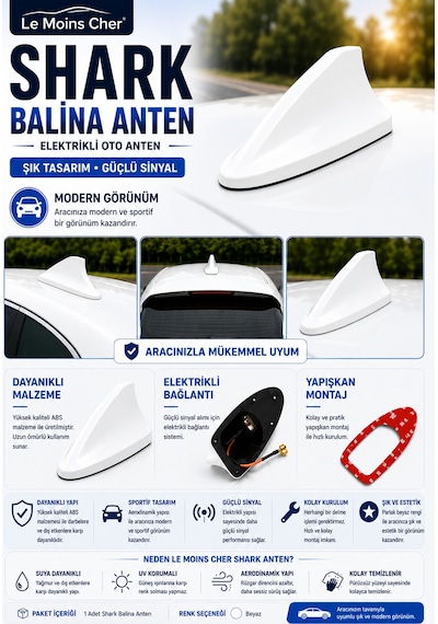 Hyundai Accent Blue Prime Elektrikli Oto Shark Balina Anten Beyaz Balık Sırtı Yapışkanlı