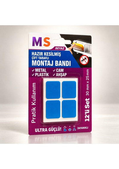12'li Beyaz Ultra Güçlü Hazır Kesilmiş Çift Taraflı Montaj Bandı Bantı 30 Mm X 25 Mm Bantları