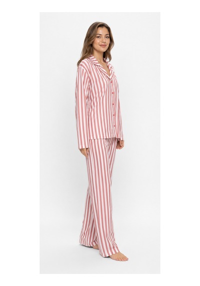 Sleeproom Kadın Süet Mevsimlik Uzun Kol Pudra Pembe Çizgi Desen Pijama Takımı