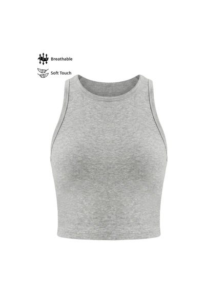 Cottonhıll Gri Melanj Viskon Bisiklet Yaka Kolsuz Kadın Crop Atlet