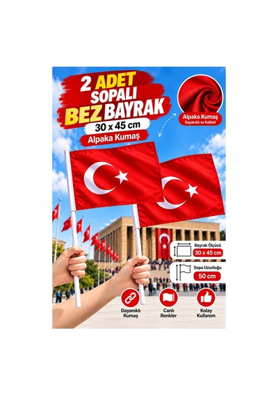 Sopalı Bez Bayrak 30x45 Cm 2 Adet Saplı Bayrak Ay Yıldız Plastik Çıtalı 30x45 Bez Bayrak Mill Bayram Kutlama 30 x 45 CM
