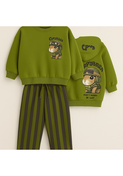 Kız Çocuk Capybara Desen Yeşil Renk Sweatshirt Çizgili Jogger Alt Üst Takım Yeşil