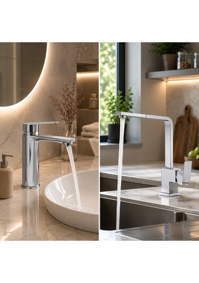 Krom Lüx Premium 2'li Set Banyo Lavabo Bataryası Ve Kare Mutfak Bataryası Şık Tasarım Özgün Model Batarya Gri