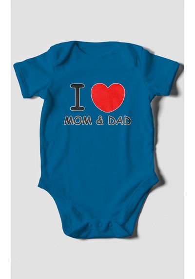 I Love Mom And Dad Baskılı Bebek Zıbını Çıtçıtlı Body %100 Pamuk Kısa Kol Koyu Mavi