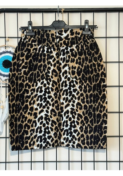 Dema Yüksek Bel Leopar Desenli Denim Kalem Etek / Günlük & Şık Kullanıma Uygun